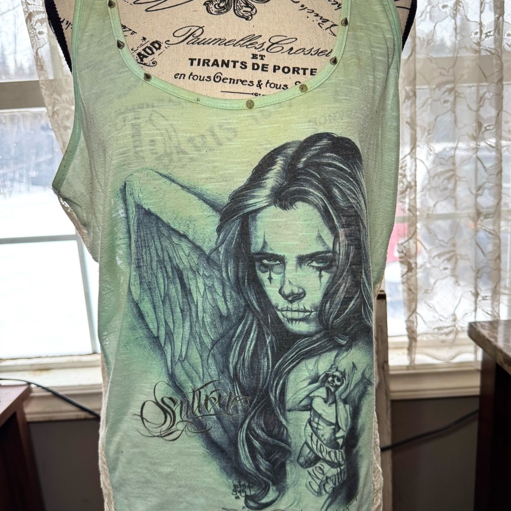 Light Sage Green Tank Tee with Graphic Print and Low Neckline